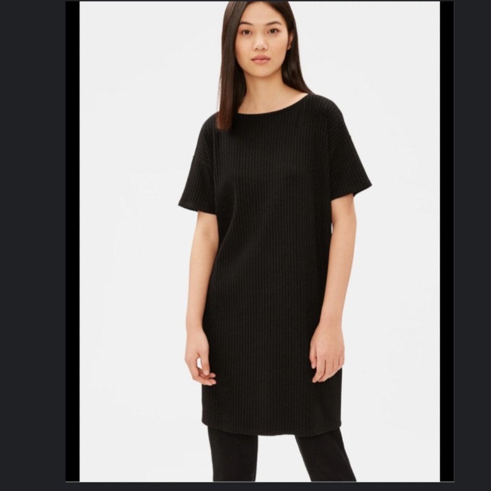 Eileen Fisher Ribbed Tencel Boxy Stretch Shift Dress sz M black